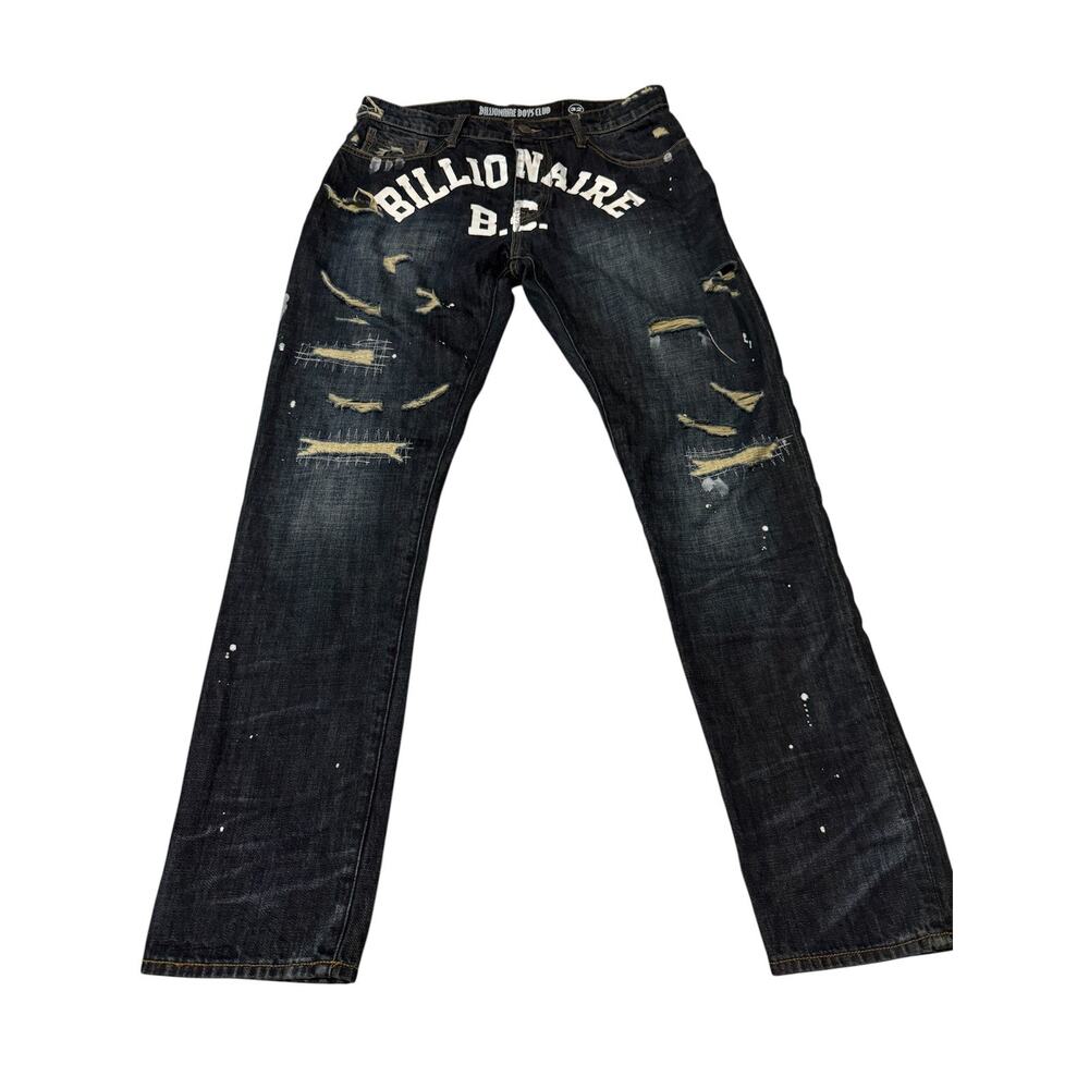 Billionaire Boys Club Men 32x31 BBC Dark Blue Distressed Big Bang Logo Jeans